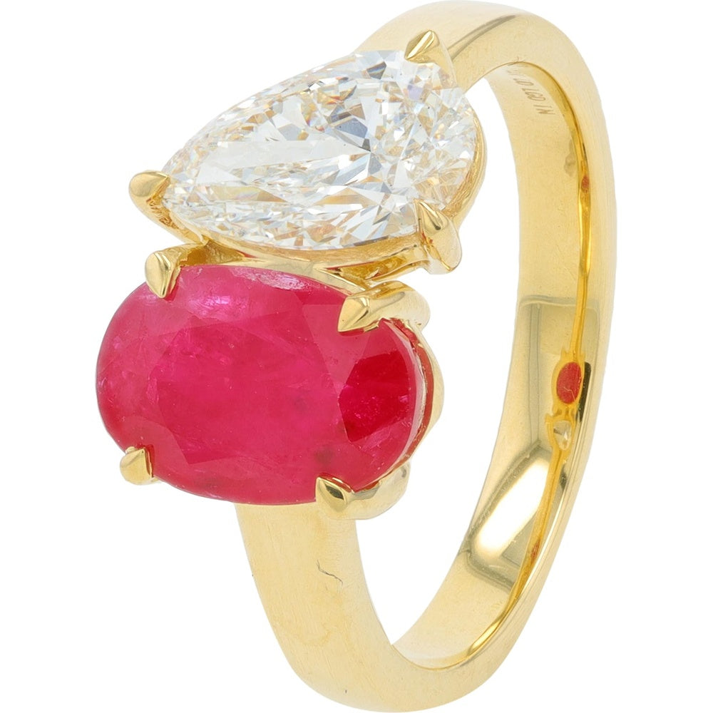 14K Yellow Gold Two-Stone Ring with Pear-Shaped Lab-Grown Diamond and Cushion-Cut Ruby - 2.00 Carat Total Diamond Weight and 1.00 Carat Ruby