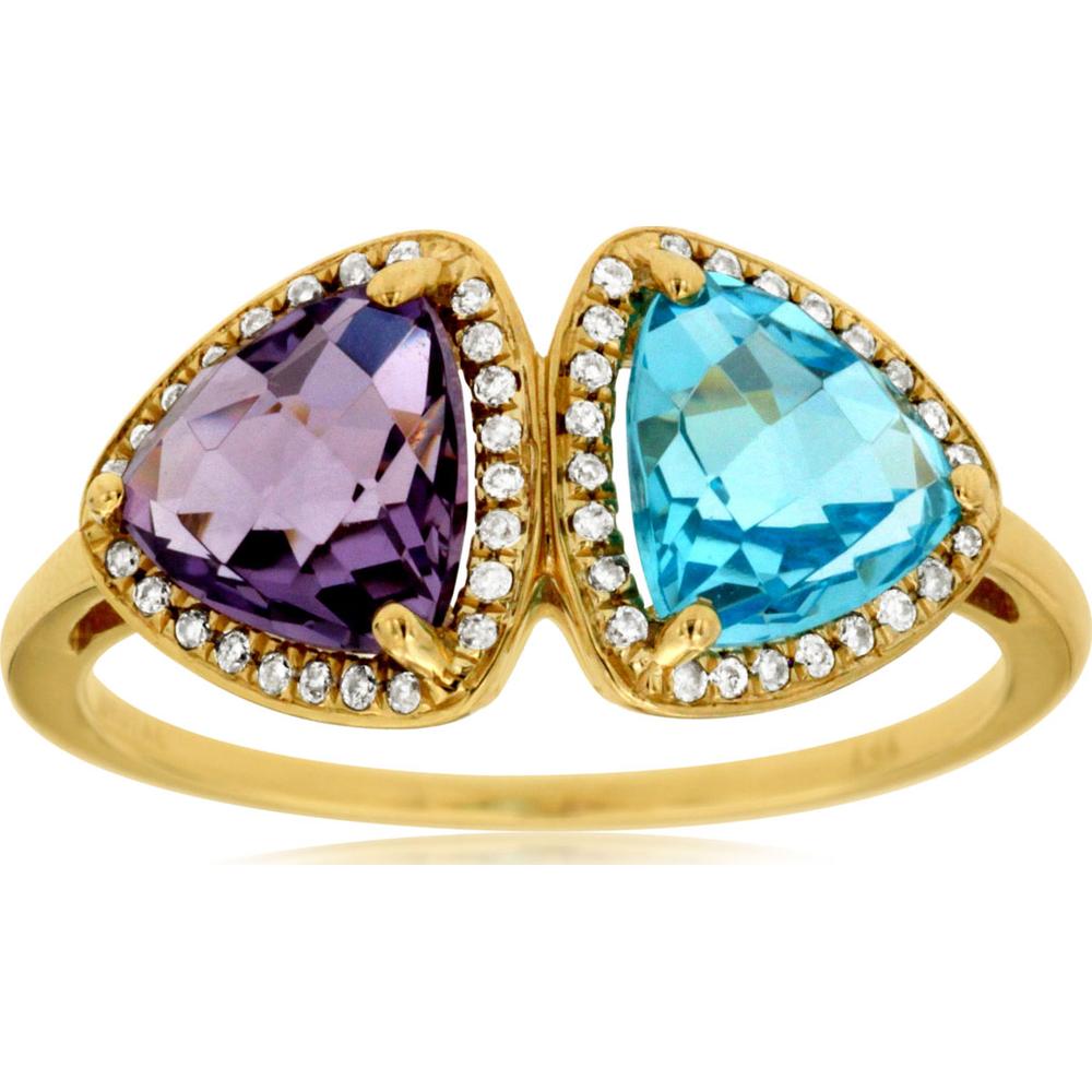 14K Yellow Gold Two-Stone Trillion Cut Amethyst and Swiss Blue Topaz Ring with 0.11 Carat Diamond Halo and Milgrain Detail - Royal Jewelry