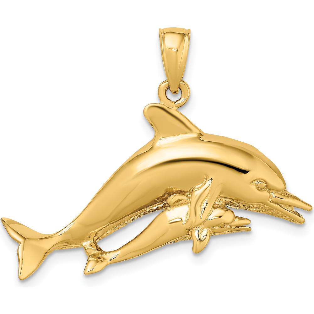 14K Yellow Gold Two Swimming Dolphins Pendant Charm by Oro Pregiato