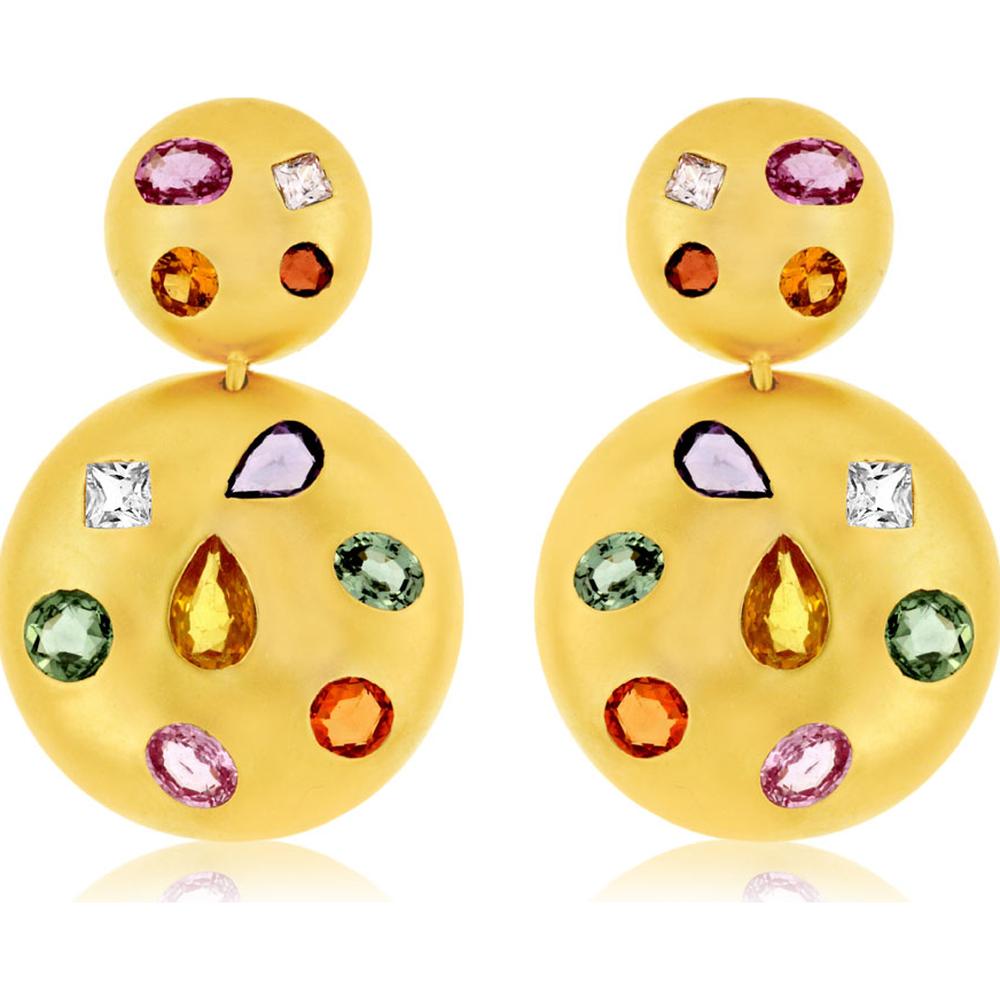 14K Yellow Gold Two-Tier Disc Drop Earrings with Multi-Cut Multi-Color Sapphires and Semi-Precious Stones - 5.10 Carat Total Gem Weight - Royal Jewelry