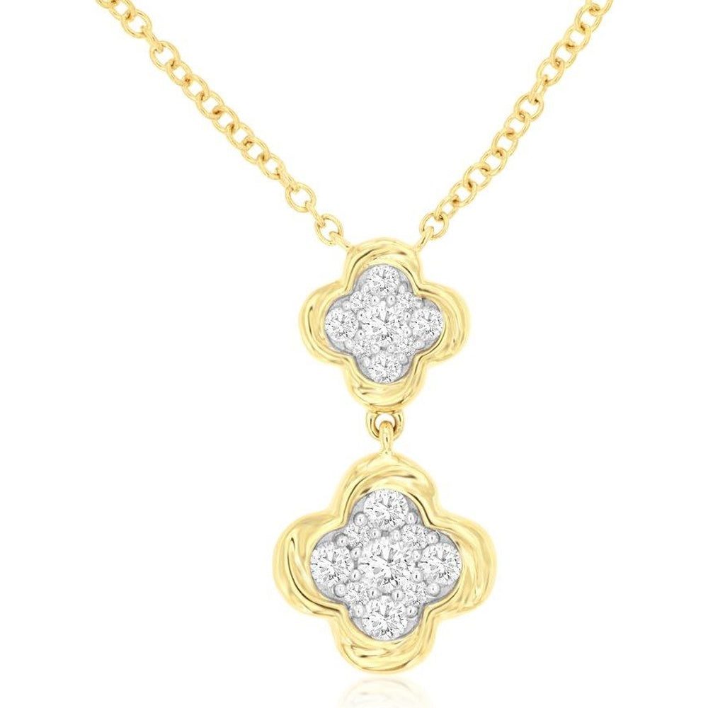 14K Yellow Gold Two-Tier Quatrefoil Drop Necklace with Pavé Set Round Diamonds - 0.28 Carat Total Diamond Weight - Royal Jewelry