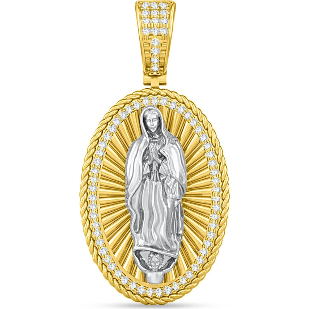 14K Yellow Gold Two-Tone Blessed Mother Medallion Pendant with Rope Edge and Round Diamond Accents - 0.37 Carat Total Diamond Weight by Auriventus