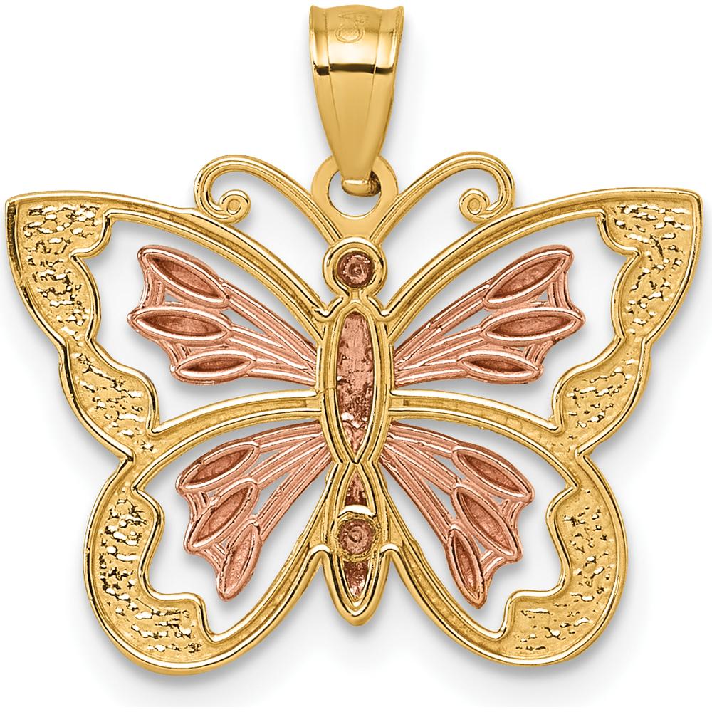 14K Yellow Gold Two-Tone Butterfly Pendant with Diamond-Cut Accents by Oro Pregiato