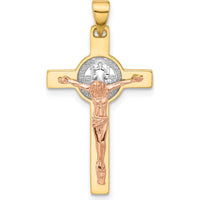 14K Yellow Gold Two-Tone Crucifix Pendant with St. Benedict Charm and Rhodium Accents by Oro Pregiato