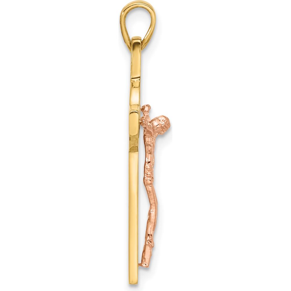 14K Yellow Gold Two-Tone Crucifix Pendant with St. Benedict Charm and Rhodium Accents by Oro Pregiato