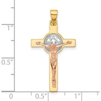 14K Yellow Gold Two-Tone Crucifix Pendant with St. Benedict Charm and Rhodium Accents by Oro Pregiato