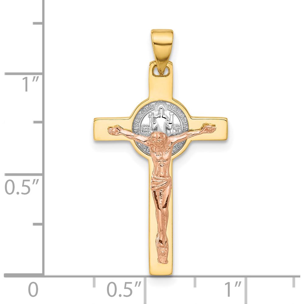 14K Yellow Gold Two-Tone Crucifix Pendant with St. Benedict Charm and Rhodium Accents by Oro Pregiato