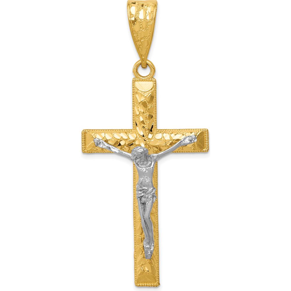 14K Yellow Gold Two-Tone Diamond-Cut Crucifix Pendant with Polished Finish by Oro Pregiato