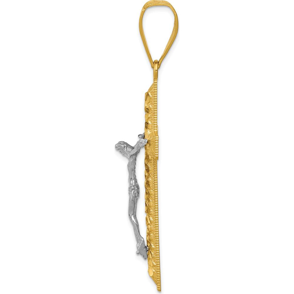 14K Yellow Gold Two-Tone Diamond-Cut Crucifix Pendant with Polished Finish by Oro Pregiato