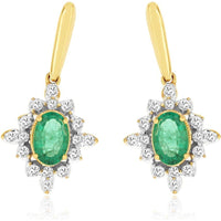 14K Yellow Gold Two-Tone Drop Earrings with Oval Emeralds and Diamond Sunburst Halo - 0.88 Carat Total Emerald Weight - Royal Jewelry