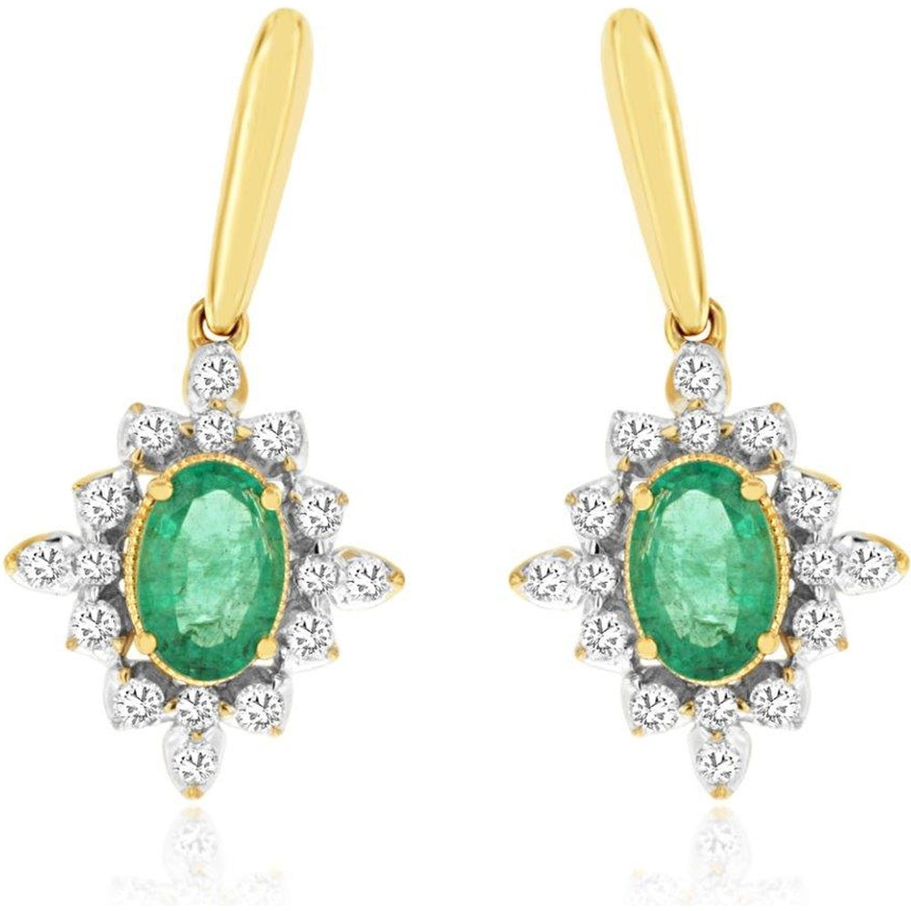 14K Yellow Gold Two-Tone Drop Earrings with Oval Emeralds and Diamond Sunburst Halo - 0.88 Carat Total Emerald Weight - Royal Jewelry