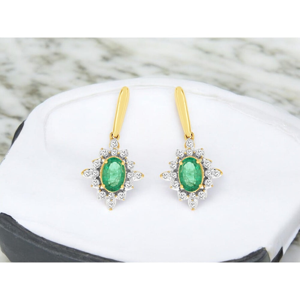 14K Yellow Gold Two-Tone Drop Earrings with Oval Emeralds and Diamond Sunburst Halo - 0.88 Carat Total Emerald Weight - Royal Jewelry