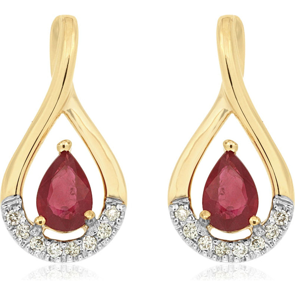 14K Yellow Gold Two-Tone Drop Earrings with Pear-Shaped Rubies and Pavé Set Round Diamonds - 0.90 Carat Total Ruby Weight and 0.12 Carat Total Diamond Weight - Royal Jewelry