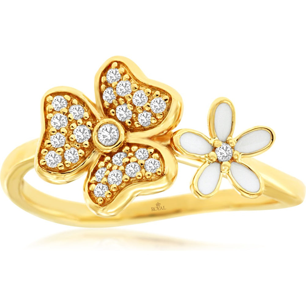 14K Yellow Gold Two-Tone Floral Clover and Enamel Ring with Prong Set Round Diamonds - 0.14 Carat Total Diamond Weight - Royal Jewelry