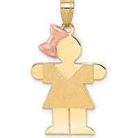 14K Yellow Gold Two-Tone Girl Pendant with Bow - Engravable - 30mm Length by Oro Pregiato