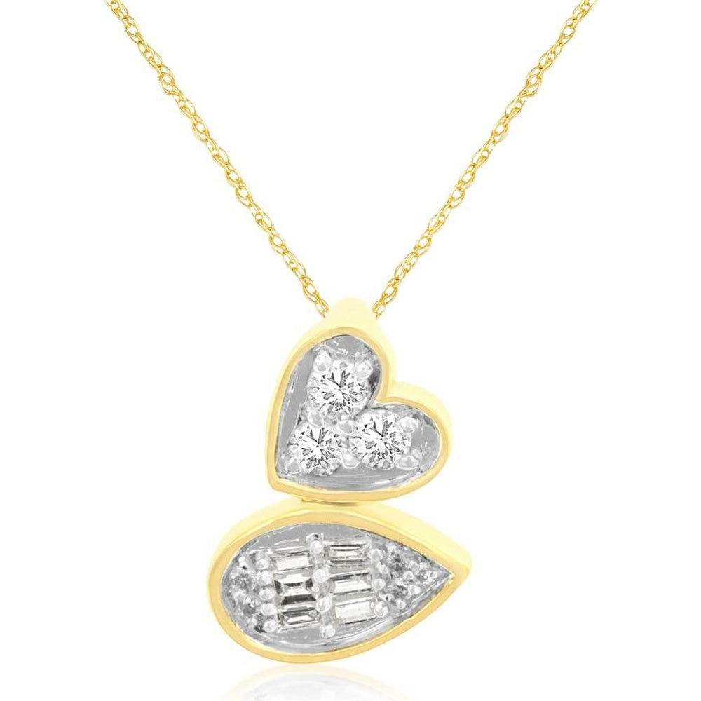 14K Yellow Gold Two-Tone Heart and Pear Pendant Necklace with Round and Baguette Diamonds - 0.22 Carat Total Diamond Weight - Royal Jewelry