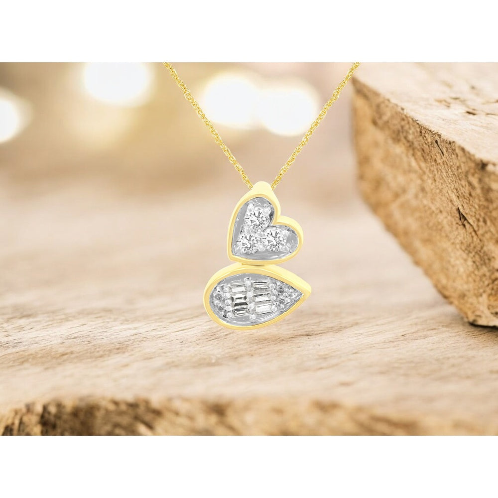14K Yellow Gold Two-Tone Heart and Pear Pendant Necklace with Round and Baguette Diamonds - 0.22 Carat Total Diamond Weight - Royal Jewelry