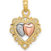 14K Yellow Gold Two-Tone Heart Charm Pendant with Rhodium Accents - Textured Design by Oro Pregiato