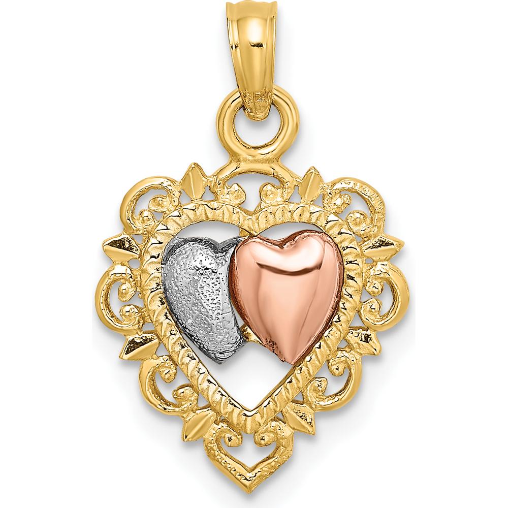 14K Yellow Gold Two-Tone Heart Charm Pendant with Rhodium Accents - Textured Design by Oro Pregiato
