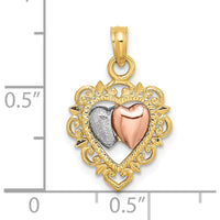 14K Yellow Gold Two-Tone Heart Charm Pendant with Rhodium Accents - Textured Design by Oro Pregiato