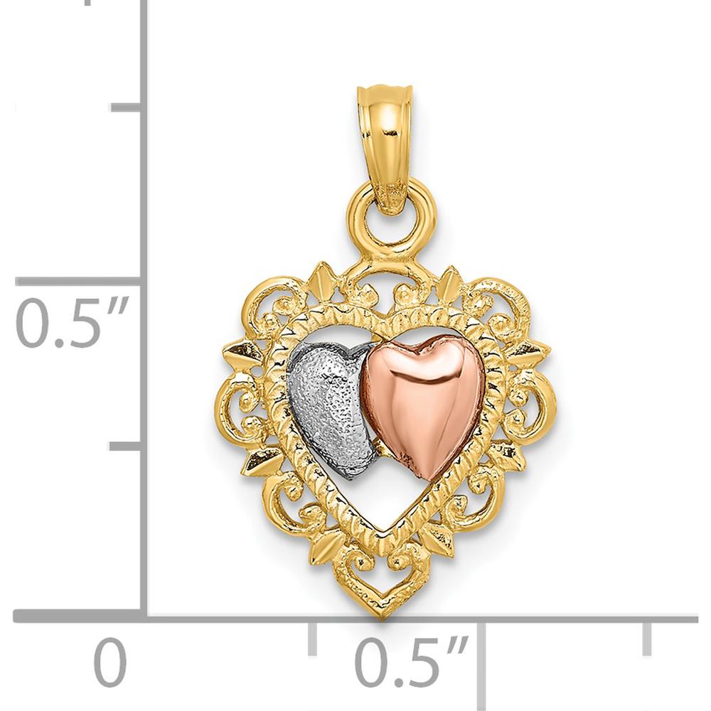14K Yellow Gold Two-Tone Heart Charm Pendant with Rhodium Accents - Textured Design by Oro Pregiato