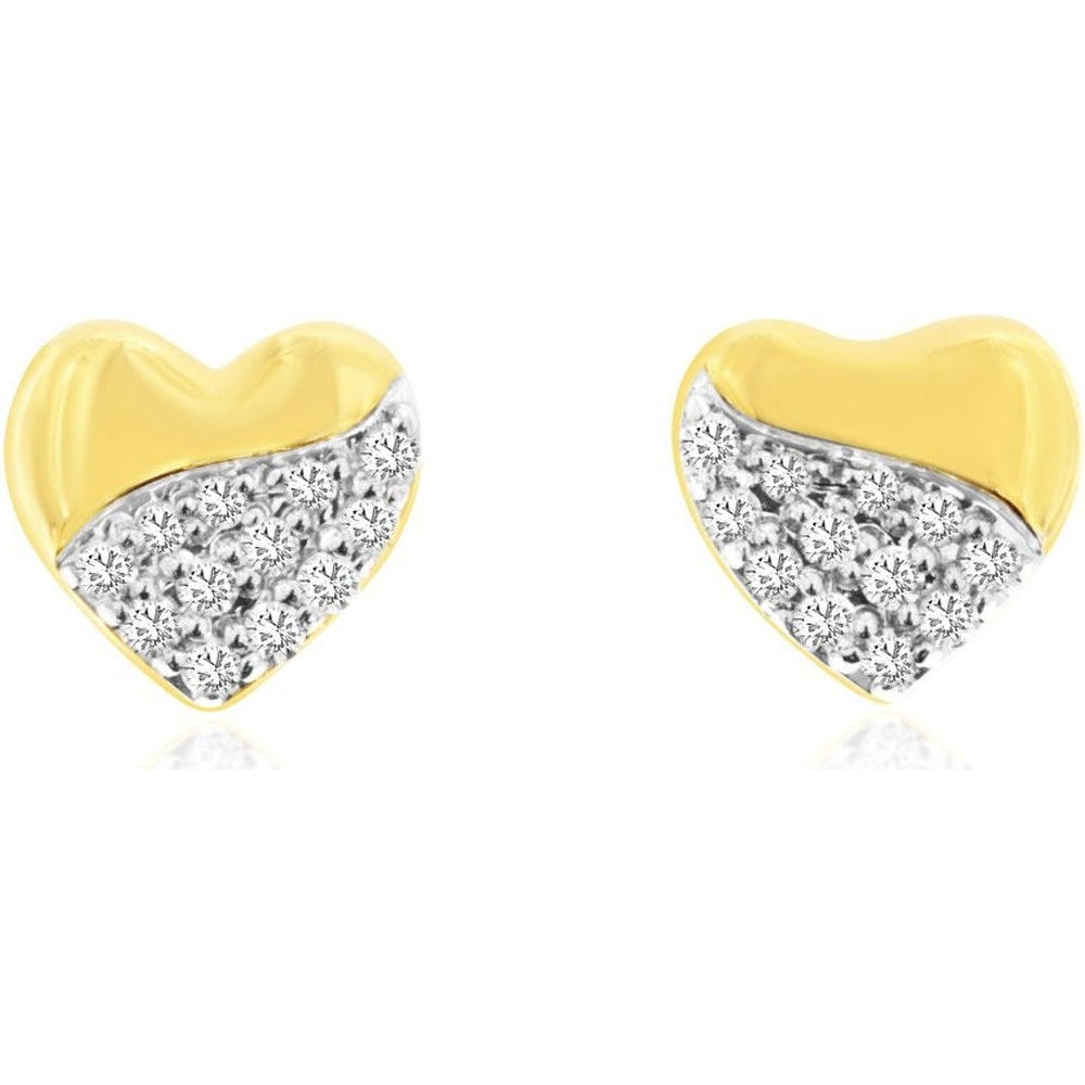 14K Yellow Gold Two-Tone Heart Stud Earrings with Pave-Set Round Diamonds - 0.09 Carat Total Diamond Weight - Royal Jewelry