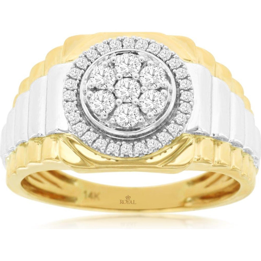 14K Yellow Gold Two-Tone Men's Halo Ring with Floral Cluster Round Diamonds - 0.50 Carat Total Diamond Weight - Royal Jewelry