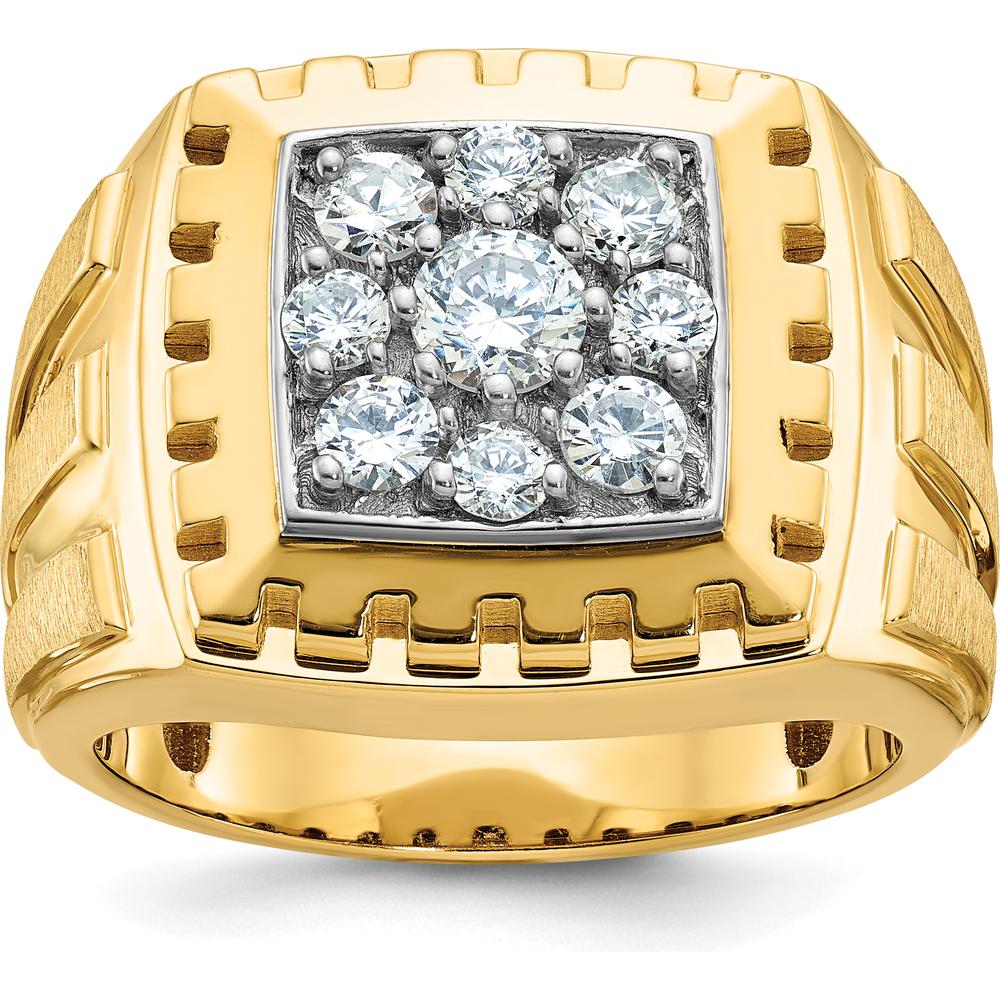 14K Yellow Gold Two-Tone Men's Polished Satin and Grooved Diamond Cluster Ring with 1 Carat Total Weight of Round Diamonds by IBGoodman