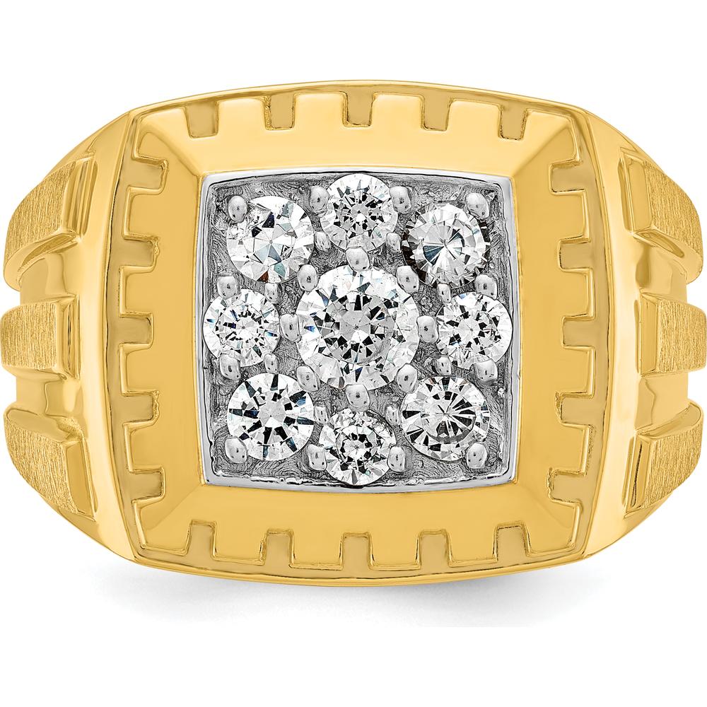 14K Yellow Gold Two-Tone Men's Polished Satin and Grooved Diamond Cluster Ring with 1 Carat Total Weight of Round Diamonds by IBGoodman