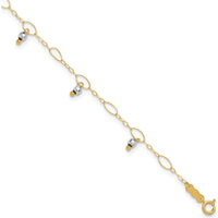 14K Yellow Gold Two-Tone Mirror Bead Dangle Adjustable Anklet with Spring Ring Clasp - 10" Total Length