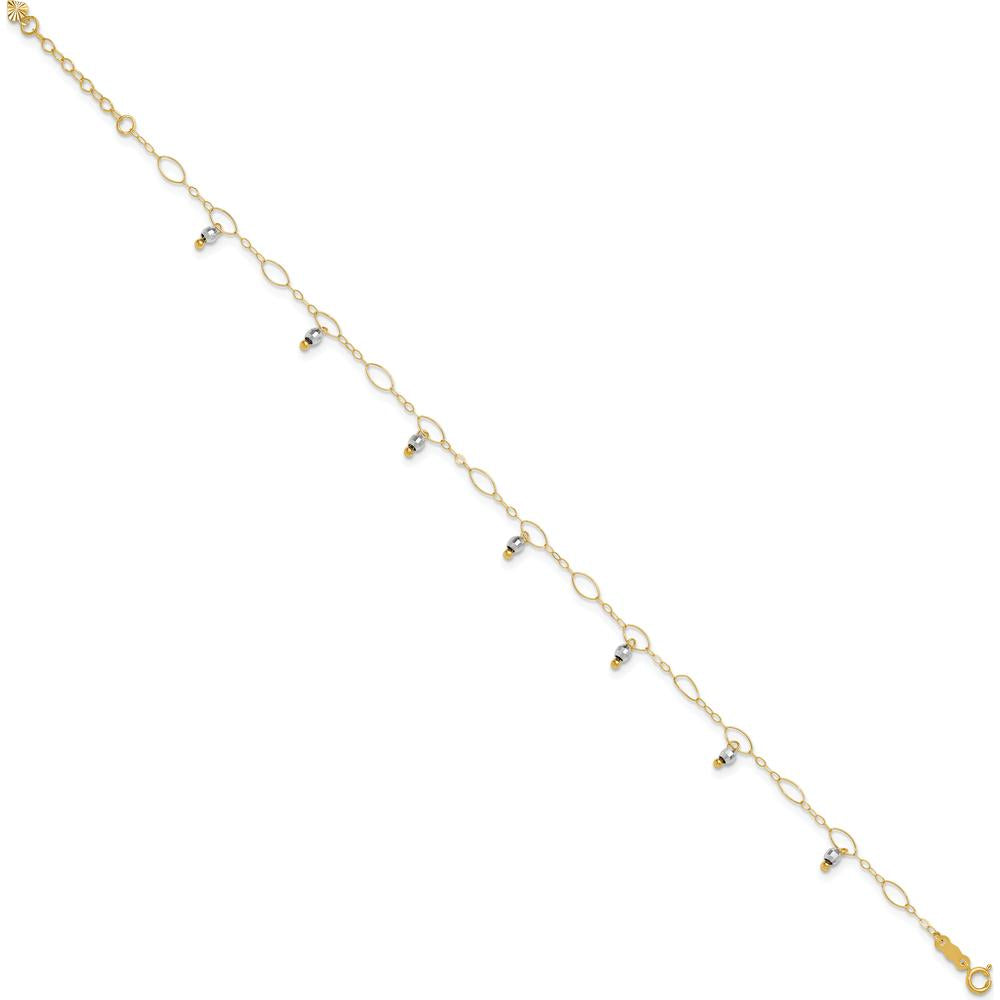 14K Yellow Gold Two-Tone Mirror Bead Dangle Adjustable Anklet with Spring Ring Clasp - 10" Total Length