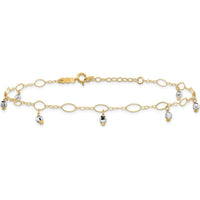 14K Yellow Gold Two-Tone Mirror Bead Dangle Adjustable Anklet with Spring Ring Clasp - 10" Total Length