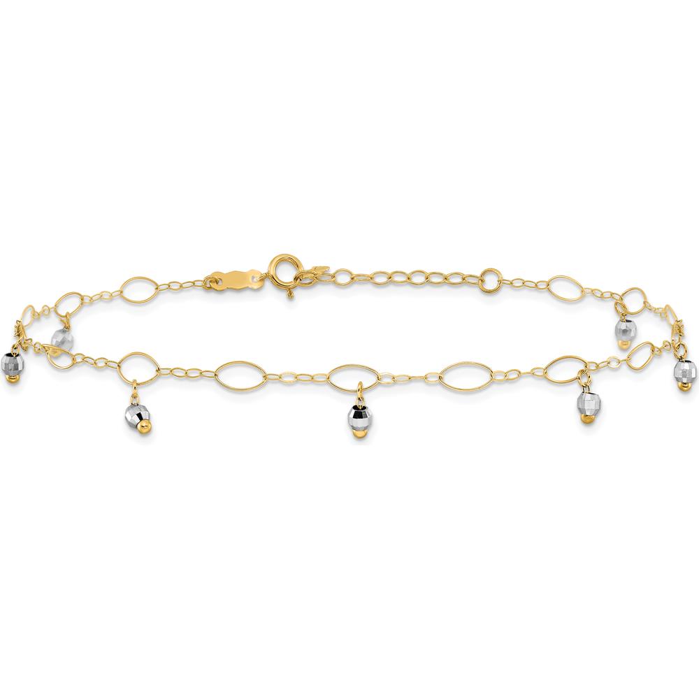 14K Yellow Gold Two-Tone Mirror Bead Dangle Adjustable Anklet with Spring Ring Clasp - 10" Total Length