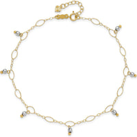 14K Yellow Gold Two-Tone Mirror Bead Dangle Adjustable Anklet with Spring Ring Clasp - 10" Total Length