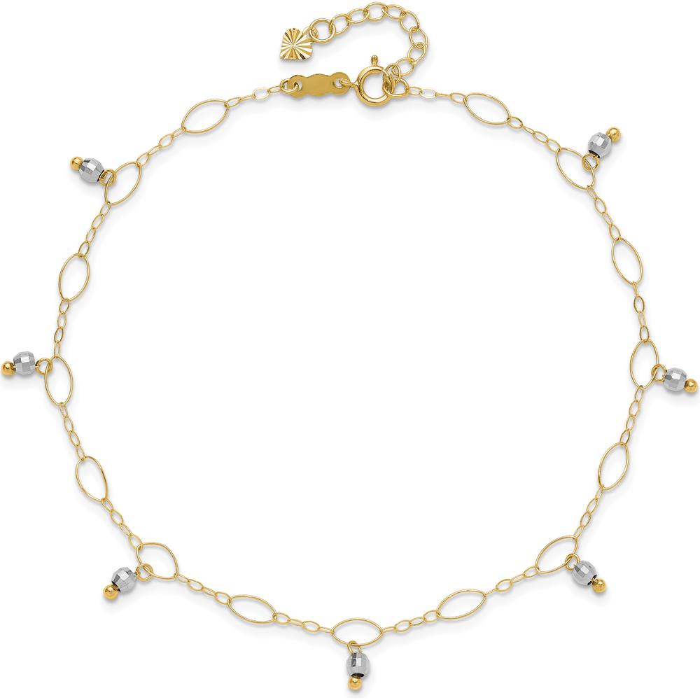 14K Yellow Gold Two-Tone Mirror Bead Dangle Adjustable Anklet with Spring Ring Clasp - 10" Total Length