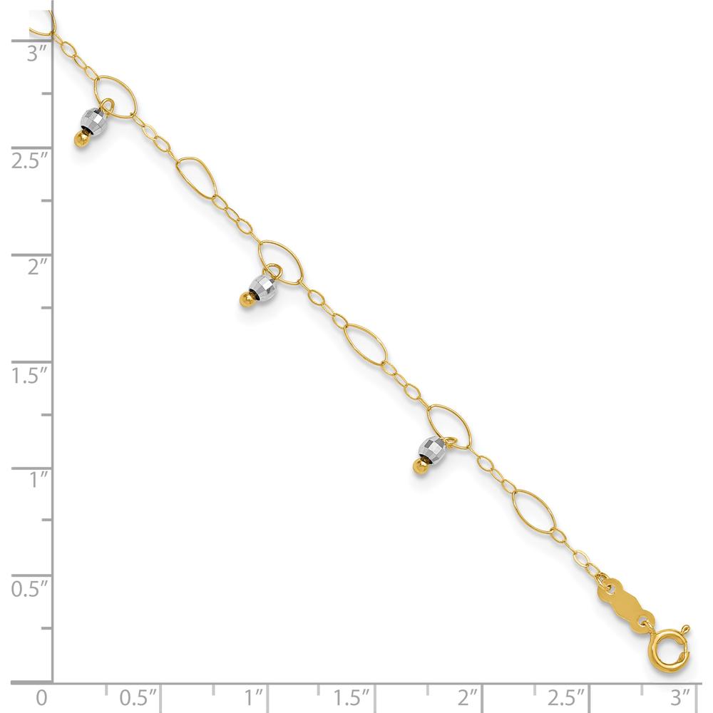 14K Yellow Gold Two-Tone Mirror Bead Dangle Adjustable Anklet with Spring Ring Clasp - 10" Total Length
