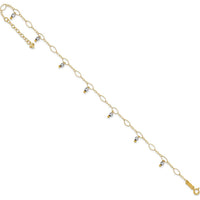 14K Yellow Gold Two-Tone Mirror Bead Dangle Adjustable Anklet with Spring Ring Clasp - 10" Total Length