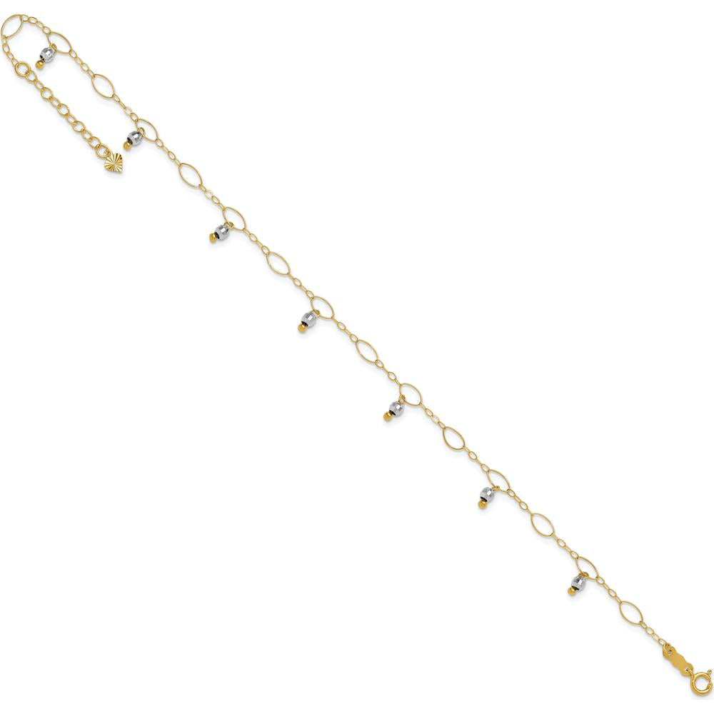 14K Yellow Gold Two-Tone Mirror Bead Dangle Adjustable Anklet with Spring Ring Clasp - 10" Total Length