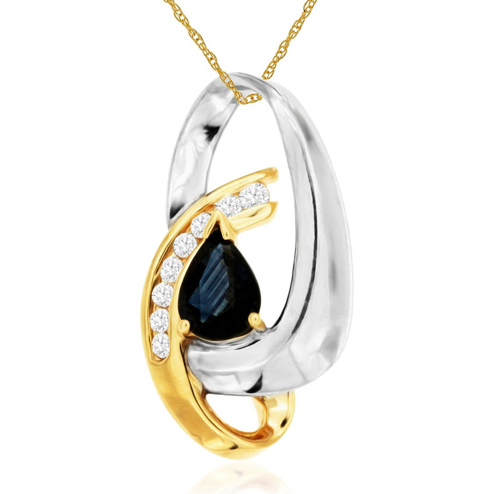 14K Yellow Gold Two-Tone Pendant Necklace with Pear-Shaped Sapphire and Round Diamond Accents - 1.20 Carat Sapphire and 0.25 Carat Total Diamond Weight - Royal Jewelry
