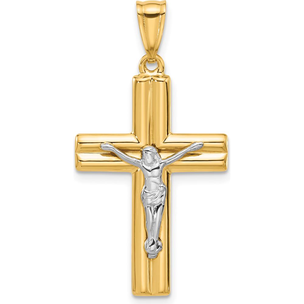 14K Yellow Gold Two-Tone Polished and Textured Crucifix Pendant - 34.6mm by Oro Pregiato