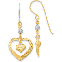 14K Yellow Gold Two-Tone Satin Diamond-Cut Heart Dangle Earrings by 0