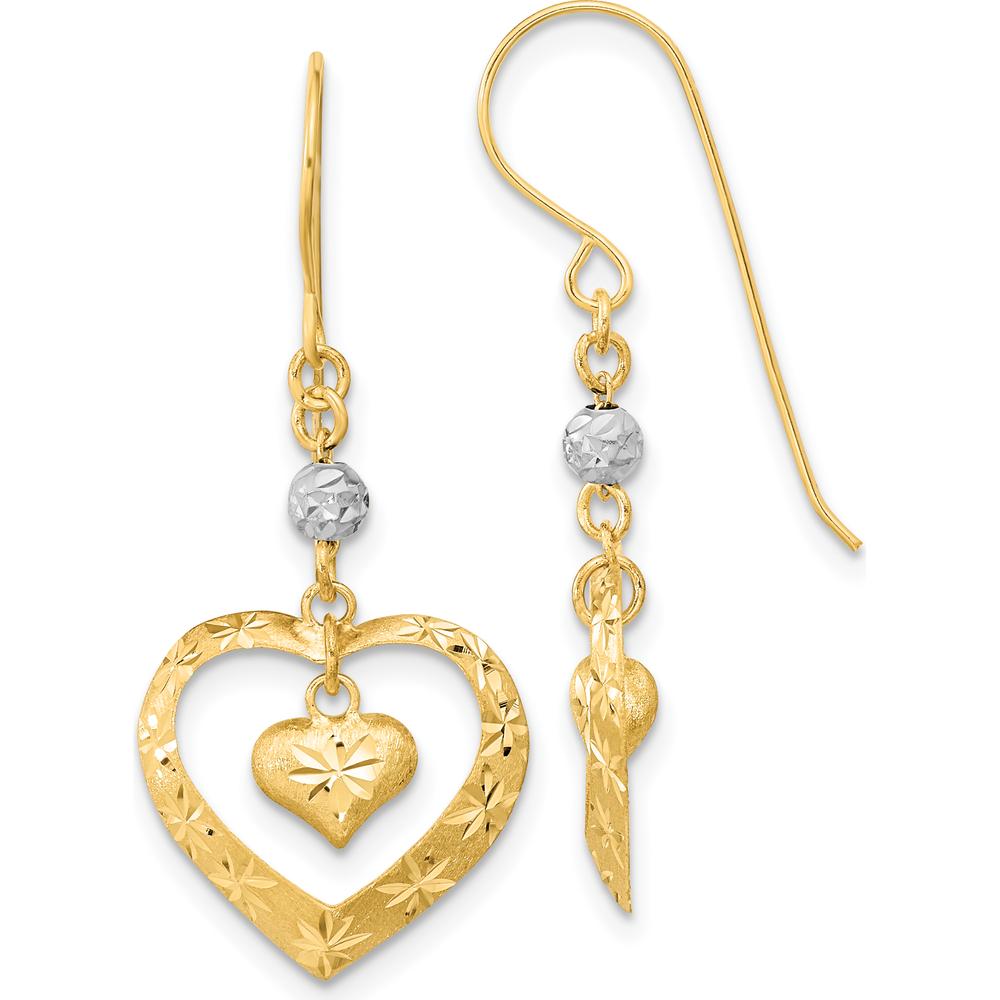 14K Yellow Gold Two-Tone Satin Diamond-Cut Heart Dangle Earrings by 0