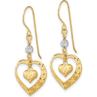 14K Yellow Gold Two-Tone Satin Diamond-Cut Heart Dangle Earrings by 0