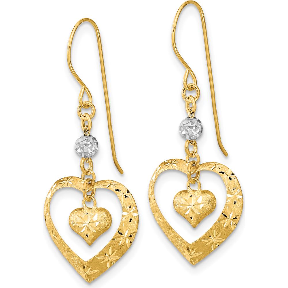 14K Yellow Gold Two-Tone Satin Diamond-Cut Heart Dangle Earrings by 0