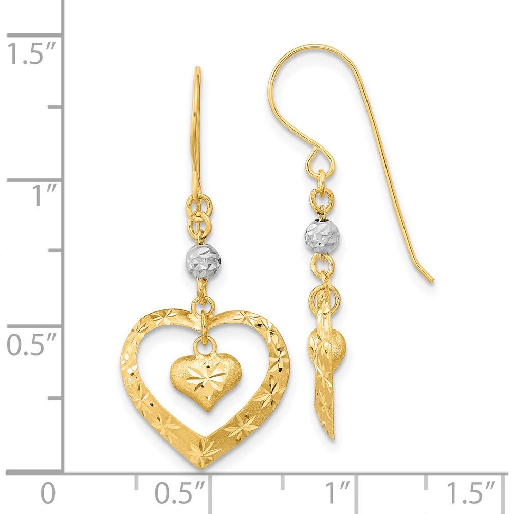 14K Yellow Gold Two-Tone Satin Diamond-Cut Heart Dangle Earrings by 0