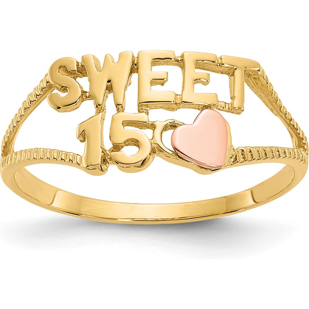 14K Yellow Gold Two-Tone Sweet 15 Heart Ring with Grooved Band by Oro Pregiato