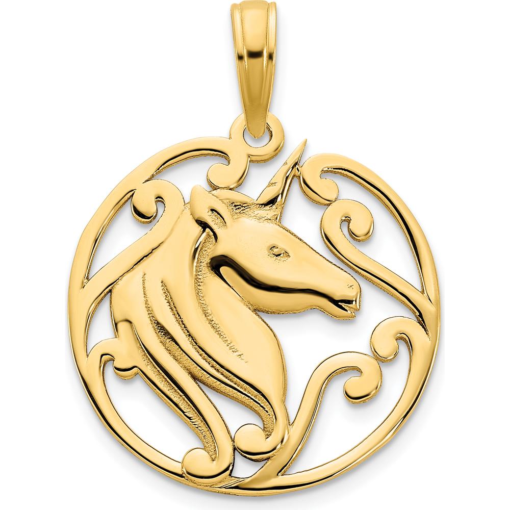 14K Yellow Gold Unicorn Pendant with Textured Back and Polished Finish - 22.5mm Length by Oro Pregiato