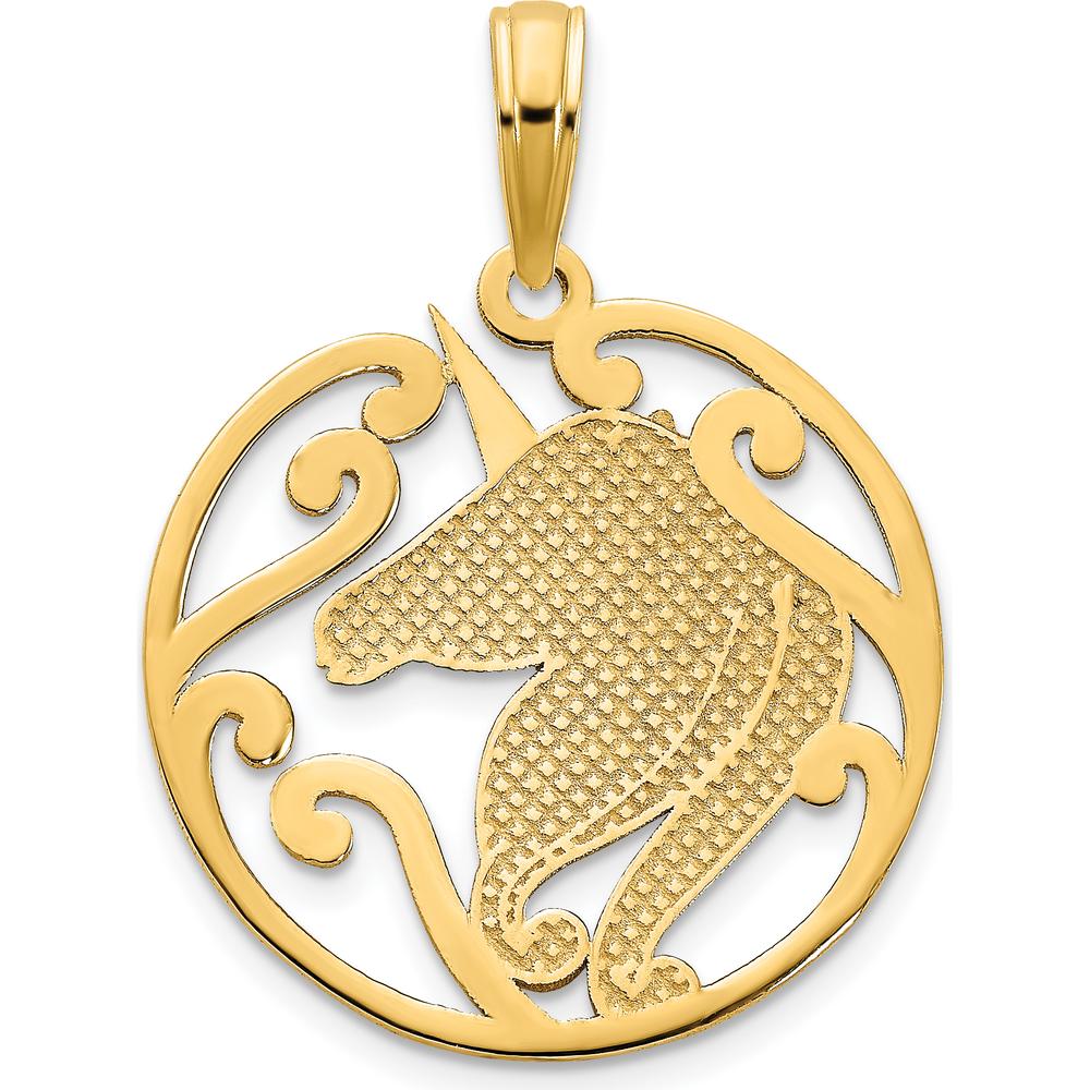 14K Yellow Gold Unicorn Pendant with Textured Back and Polished Finish - 22.5mm Length by Oro Pregiato