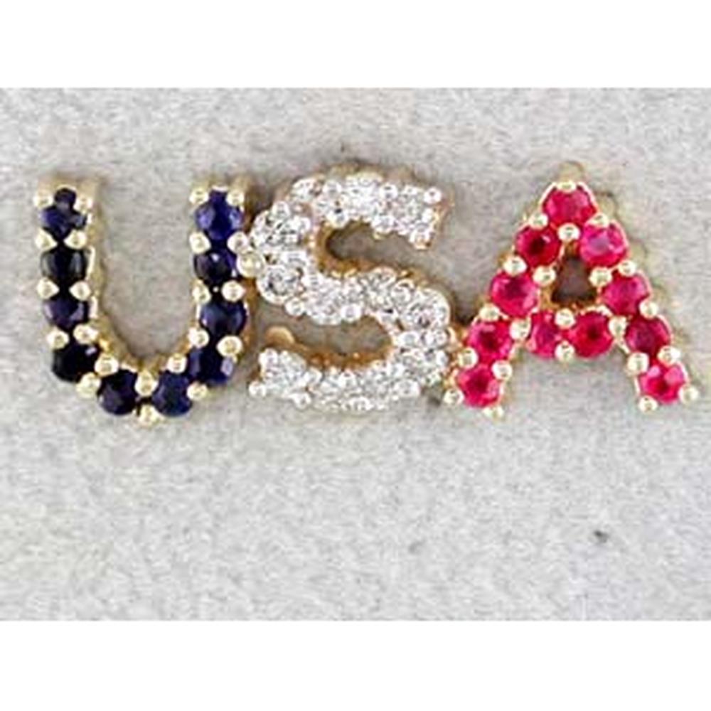 14K Yellow Gold USA Initial Pin with Round Cut Diamond, Sapphire, and Ruby Gemstones - 0.14 Carat Diamond & 0.40 Carat Precious Stone Total Weight - Royal Jewelry
