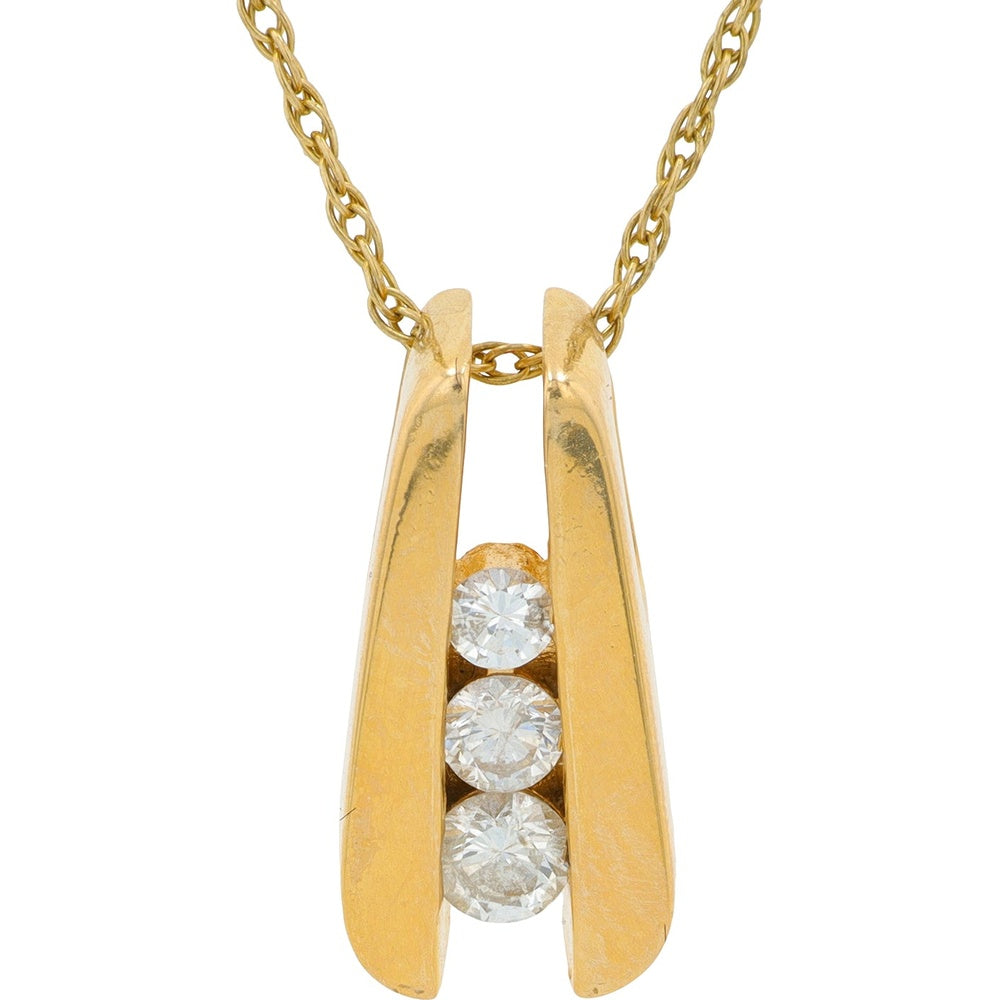 14K Yellow Gold V-Shape Channel Pendant with Three Round Brilliant Diamonds - 0.30 Carat Total Diamond Weight